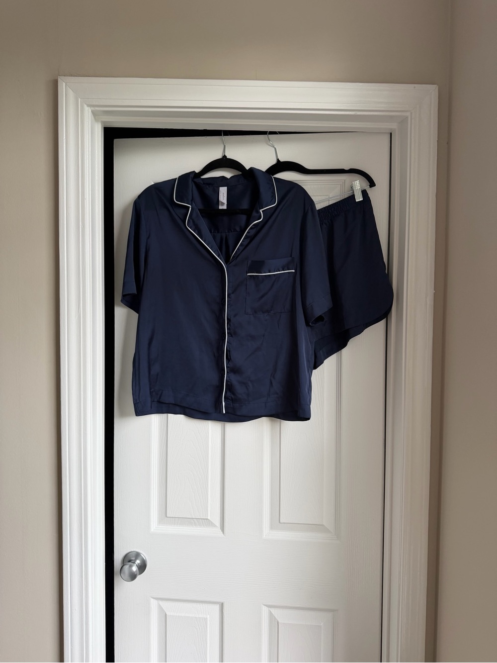 Auden Navy Satin Short Sleeve Pajama Set with White Piping